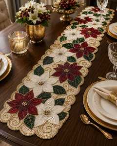 Handmade Beaded Christmas <b>Table</b> <b>Runner</b> with Poinsettia Embroidery White Red Polyester/Cotton Stripe Style Festive Dini - Product Image 1