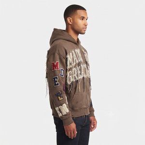 Sweat à capuche zippé pour homme en molleton 550 g/m² à épaules tombantes, effet vieilli et brodé - Product Image 2