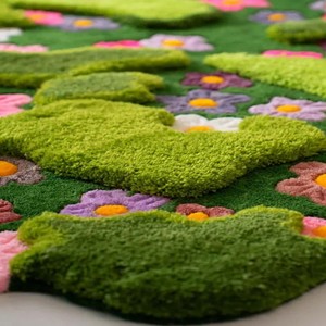 Tapis en laine doux et moelleux pour enfants, motif floral, design jardin, tapis tufté de forme irrégulière, tapis de jeu pour chambre d'enfant, chambre à coucher, salle de jeux, décoration - Product Image 3
