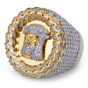Gold Plated <b>Iced</b> Out Jesus <b>Ring</b> Moissanite CZ Stone Men Cuban Band Hip Hop Jewelry Gift - Product Image 1