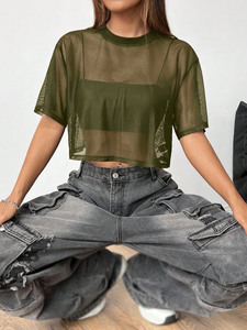 Retro Olive Green <b>Mesh</b> Crop <b>Top</b> <b>Women</b>’s Casual Streetwear Shirt Custom OEM - Product Image 2