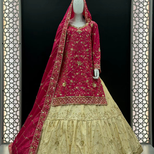 Traditional Plum & Cream Viscose <b>Silk</b> Farshi Set Heavy Hand-Embroidered <b>Kurta</b> with Tiered Sharara Designer Bridal & Party Wear - Product Image 1
