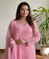 Conjunto de Salwar Kameez de Algodón Rosa con Bordado, Ropa Étnica Tradicional para Mujer, Corte Holgado, Largo hasta el Tobillo, Estilo Casual 84783