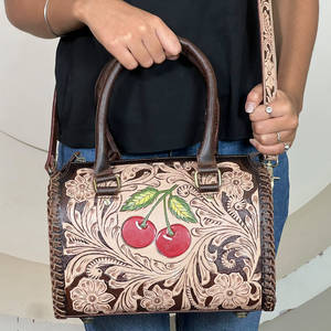 Western Floral Carved Design Hand <b>Tooled</b> <b>Leather</b> Duffel Speedy Bag Real Cow <b>Leather</b> Fashion Crossbody Weekender Shoulder Bags - Product Image 4