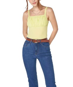 Custom Logo Wholesale Plain <b>Light</b> Yellow Pleated Crop Tank T-Shirt Pleated Chest Design Soft Yellow Summer Streetwear - Product Image 3