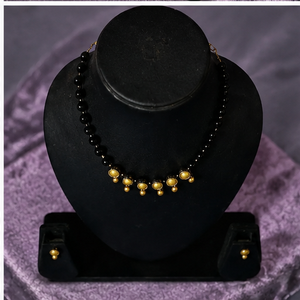 Gold Plated Brass Black Beaded Necklace and Stud Earring Set Classic Geometric Jewelry <b>Gift</b> for <b>Wedding</b> Party KOTTRAVAI - Product Image 3