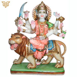 Indian Marble Durga Statue on Lion | Handcrafted Maa Durga Murti with Coral Attire, Golden Crown and Divine Weapons by MALIYAS - Product Image 2