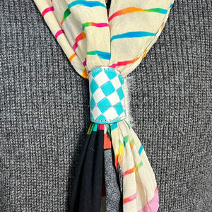 Handcrafted Tooled Genuine Leather Scarf Slide <b>Bandana</b> Ring Western Checker Pattern Cuff Secure Holder for Scarves & Bandanas - Product Image 4