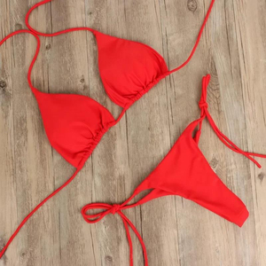 Ensemble bikini noir 2 pièces pour femme, haut triangle et bas string en Spandex Nylon, coupe extensible, style classique, maillot de bain à nouer - Product Image 5