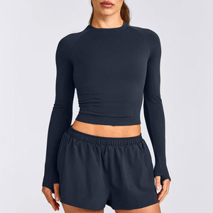Seamless Crop Top Shirt Women <b>Thumb</b> Hole <b>Cuff</b> Compression High Collar Design Custom Blank Logo Athletic Sportswear Yoga Top - Product Image 1