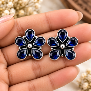 Verified Manufacturer Bohemia <b>Tribal</b> Ethnic Blue Stone Flower Stud Earrings oxidized silver earring Handmade Engagement Women - Product Image 3