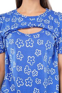 เสื้อยืดแขนสั้นพิมพ์ลายดอกไม้สีฟ้าสำหรับผู้หญิง คอวี แขนพอง ผ้าถัก ระบายอากาศได้ดี เหมาะสำหรับฤดูใบไม้ผลิและฤดูร้อน - Product Image 2