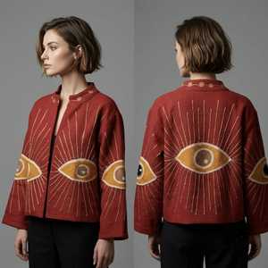 Chaqueta Corta de Mujer Hastkala, Bordada a Mano con Diseño Floral, 100% Algodón Tejido, Cuello Mandarín, Manga Larga, Estilo Boho, Otoño - Product Image 5