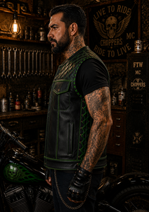 Gilet de motard en cuir noir pour homme, doublure paisley verte, fermeture éclair matelassée, col montant, style moto, vêtement d'extérieur - Product Image 4
