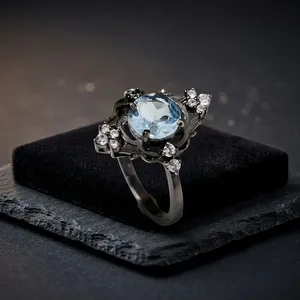 Anillo Vintage de Topacio Azul con Circonita Cúbica, Plata de Ley 925 con Baño de Rodio Negro, Anillo de Compromiso para Mujer - Product Image 4