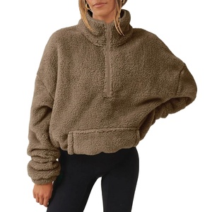 Sweat-shirt oversize en molleton 100% coton pour femme, manches longues, décontracté, hiver, demi-zip, poche, cordon de serrage, chaud, devant - Product Image 3