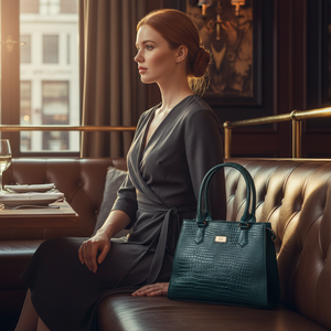 WRIZA Bolso informal de cuero genuino para mujer |   Bolso de Mano Verde Esmeralda con Textura de Cocodrilo Resistente al Agua |   Estructurado con Múltiples Compartimentos - Product Image 3