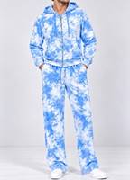 Ensemble de survêtement bleu et blanc tie-dye avec sweat à capuche zippé et pantalon de jogging, tenue décontractée de sport et de détente, service OEM