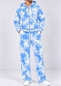 Ensemble de survêtement bleu et blanc tie-dye avec sweat à capuche zippé et pantalon de jogging, tenue décontractée de sport et de détente, service OEM - Product Image 4