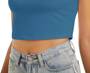 Crop top bleu pour femme de haute qualité, manches courtes, col rond, tricoté, 100% coton, vêtements décontractés d'été, coupe ajustée, respirant, personnalisé - Product Image 5