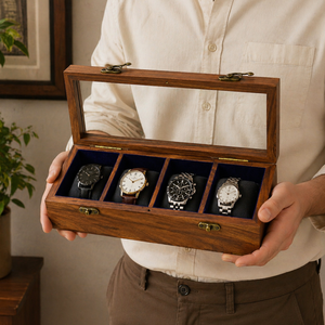 Luxury Rectangle Handcrafted 4-Slot Wooden Watch Box | Indian Rosewood Brass Inlay Glass Lid Organizer <b>Case</b> | Premium Watch - Product Image 4
