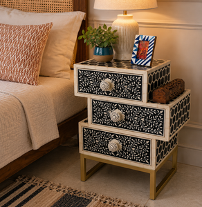 Handcrafted Resin Bone Inlay Nightstand With 3 <b>Drawers</b> Metal Base Stylish End Table Cabinet <b>Side</b> Table For Bedroom Indoor Use - Product Image 5