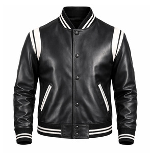 Chaqueta Varsity de Cuero Genuino Negro para Hombre, Estilo Clásico de Béisbol, Chaqueta de Cuero Informal a la Moda, Fabricante Personalizado - Product Image 1