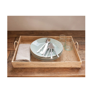 Plateau de service de style bohème de qualité supérieure, respectueux de l'environnement, fait à la main en rotin avec poignées en bois, organiseur de maison, plateau décoratif pour le thé - Product Image 2