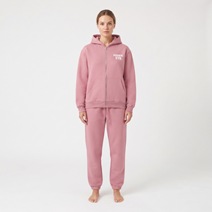 Conjuntos de chándal de algodón para mujer al por mayor: Chaqueta con cremallera y pantalones de chándal casuales de 2 piezas con capucha - Product Image 1