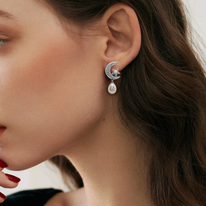 Pendientes con diseño de luna y estrella hechos de plata de ley 925, pendientes de diseño con piedras preciosas de perlas naturales de forma ovalada y redonda, joyería fina - Product Image 3
