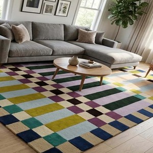 Colorful Geometric Wool Area Rug Checkered Striped Modern Hand Tufted Livingroom Carpet Soft Plush Decorative <b>Floor</b> Mat Rug Home - Product Image 1