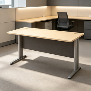 Meuble de bureau moderne rectangulaire avec plateau en bois et pieds en métal, autoportant, extensible, minimaliste, avec tiroir à dossiers, pour usage commercial - Product Image 1