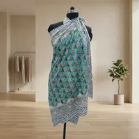 Sarong en coton imprimé à la main turquoise avec motifs floraux et bordure bleue, léger, paréo de plage indien pour femme