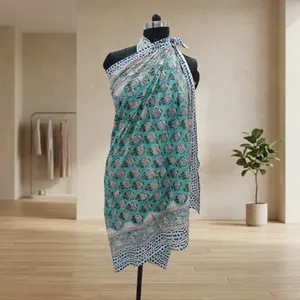 Pareo de algodón turquesa estampado a mano con motivos florales y borde azul, ligero, estilo indio, para mujer - Product Image 1