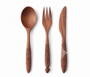 Juego de cubiertos modernos de madera con diseño de mangos tallados tradicionales, cubiertos reutilizables para uso en camping, utensilios de cocina y hoteles. - Product Image 1