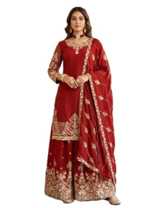 Elegant Look Heavy Embroidery Traditional Pattern Stitched Chinon Silk Pakistani Designer Salwar Kameez Coordinating Dupatta - Product Image 2