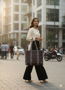 Bolso Tote de Algodón Acolchado con Estampado de Clavel Azul, Hecho a Mano, Ligero, con Cierre, Motivo Floral Étnico, Gran Capacidad, para Mujer - Product Image 2