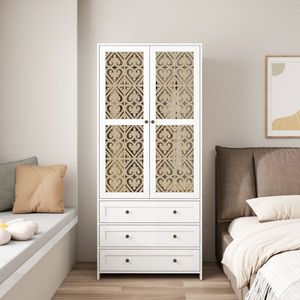 2 Door 3 Drawer Wardrobe with Hollow Pattern Wood Color and White Collision for Bedrooms and Dressing Rooms - Product Image 2