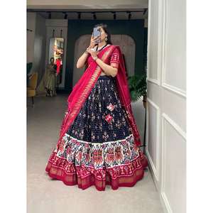 PATOLE EN SOIE FANTAISIE TUSSAR AVEC IMPRIMÉ EN FEUILLE TRAVAIL LEHENGA CHOLI AVEC DUPATTA BLEU MARINE - Product Image 1