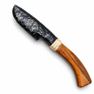 Cuchillo de 10 pulgadas con mango de madera y punta de flecha de obsidiana negra, hecho a mano, tallado, imitación antigua, arte americano, piedra. - Product Image 1