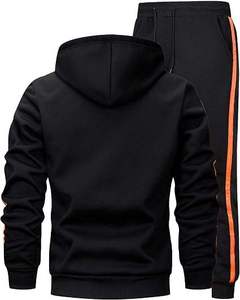 Ensemble de survêtement noir à capuche pour homme avec rayures orange, sweat-shirt à fermeture éclair intégrale et pantalon, tenue décontractée pour l'automne - Product Image 2