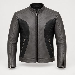 <b>Mens</b> Grey Black Genuine Leather Cafe <b>Racer</b> Motorcycle <b>Jacket</b> Canvas Stand Front Waterproof Windproof Multiple Zipper Pockets - Product Image 1