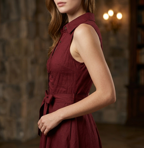 Women's <b>Red</b> V-Neck Sleeveless A-Line Mini Dress Empire Waist <b>Belt</b> Illusion Detail-Knitted Polyester Eco-Friendly Party Wear OEM - Product Image 5