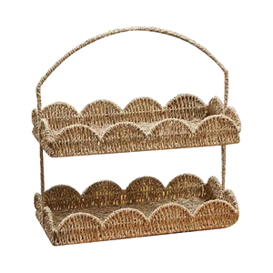 2 Tier Scalloped Edge Seagrass Tray, Decorative Stand Tray With Handle, <b>Tabletop</b> Organizer For Home Decoration From Vietnam - Product Image 3