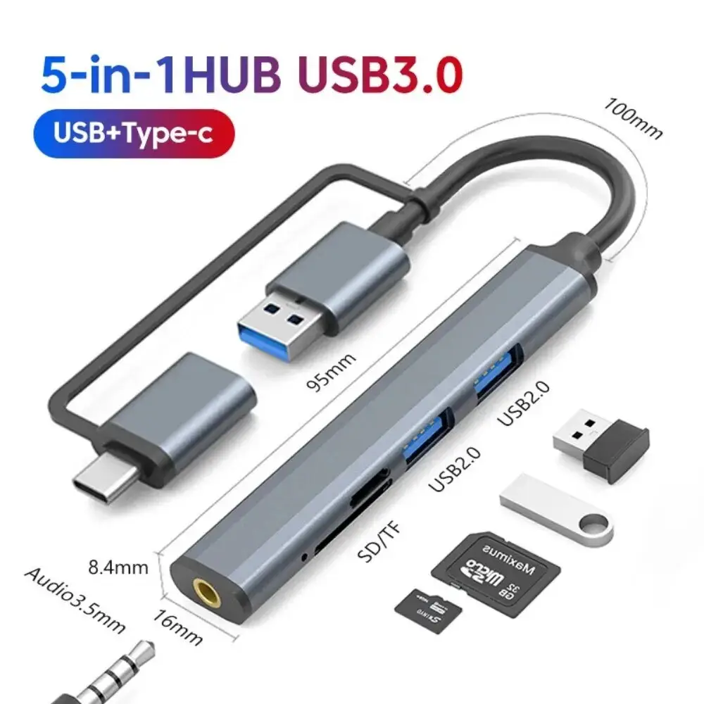 5 в 1 концентратор USB3.0 адаптер с SD TF-считывателем карт быстрой зарядки USB2.0 3,5 мм аудио для Huawei Xiaomi Lenovo Macbook 15 Air компьютер