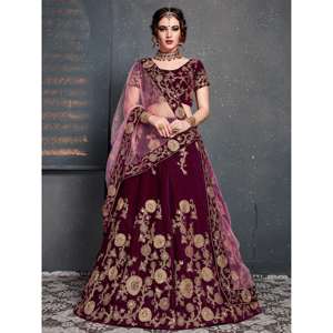 <b>Purple</b> Embroidered <b>Velvet</b> Bridal Lehenga Choli - Product Image 1