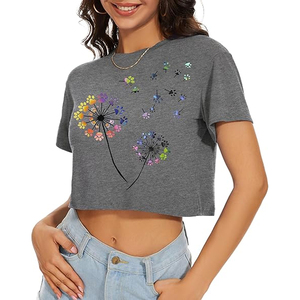 Women's Gray Crop <b>Top</b> Short Sleeve O-Neck Floral Print Casual T-Shirt Spring Summer Wear - Product Image 4