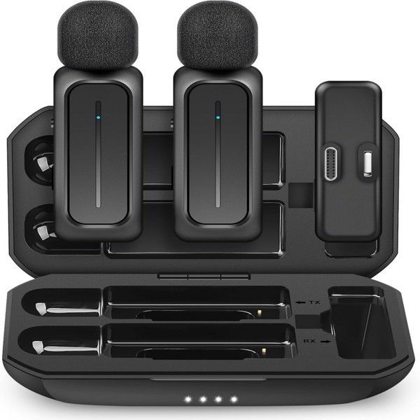 2 Pcs Wireless Lavalier Microphone for iPhone iPad Android Charging Case 7H Clip Lapel Video Recording Accessory