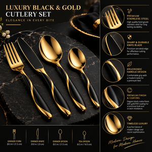 Premium Gold and <b>Black</b> Stainless Steel <b>Cutlery</b> Set 4 Piece Luxury Flatware Set with Fork Knife Spoon for Home Hotel Restaurant - Product Image 4