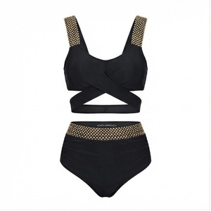 Ensemble bikini 2 pièces noir pour femme NORTH APPROACH avec bordure à paillettes dorées, haut croisé à bretelles et bas taille haute - Product Image 1
